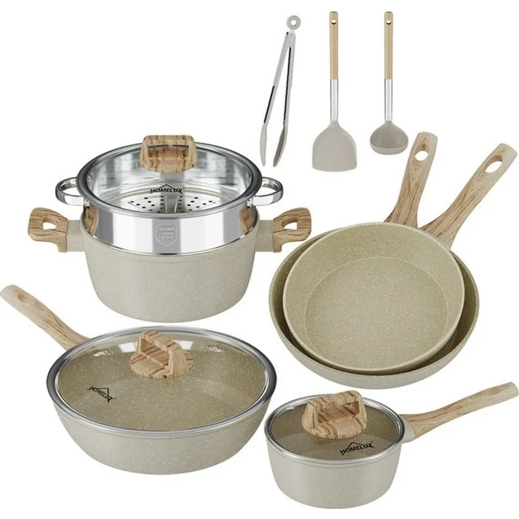 HOMELUX Topf-Set Kochgeschirr-Set, 12tlg Induktions Töpfe Set, Antihaftbeschichtung, Aluminium, Edelstahl (Pfanne 24/28cm, Tiefe Bratpfanne 28cm, Topf mit Dampfgarer 24cm, Milchtopf 16cm), Induktion – Bild 4