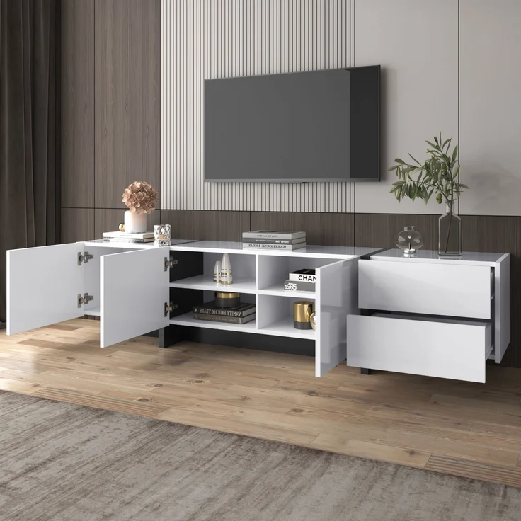 TV-Schrank 190x45x35 cm in Hochglanz Weiß und Schwarz mit Türen und Schubladen – Bild 3
