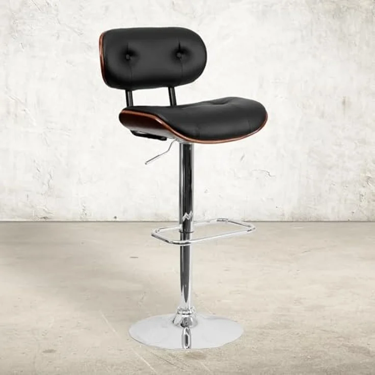 Flash Furniture Barhocker aus Walnussholz mit Verstellbarer Höhe und mit Knöpfen gestepptem schwarzem Vinyl-Polster – Bild 2