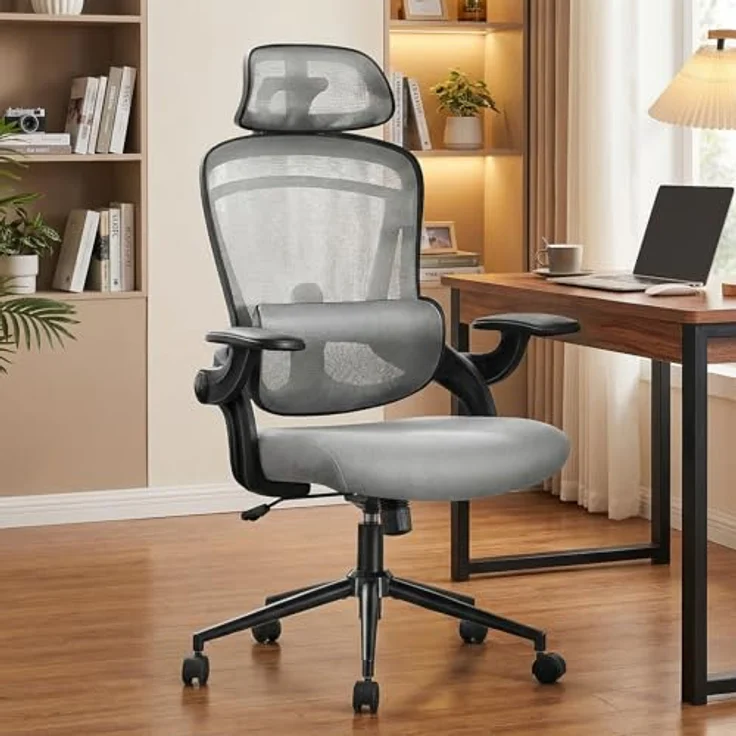 Sweetcrispy Ergonomischer Bürostuhl, Schreibtischstuhl Ergonomisch, Atmungsaktiver Netzstuhl mit Verstellbarer Kopfstütze, Armlehnen, Höhenverstellbarer Lendenwirbelstütze, für Homeoffice, Grau – Bild 3