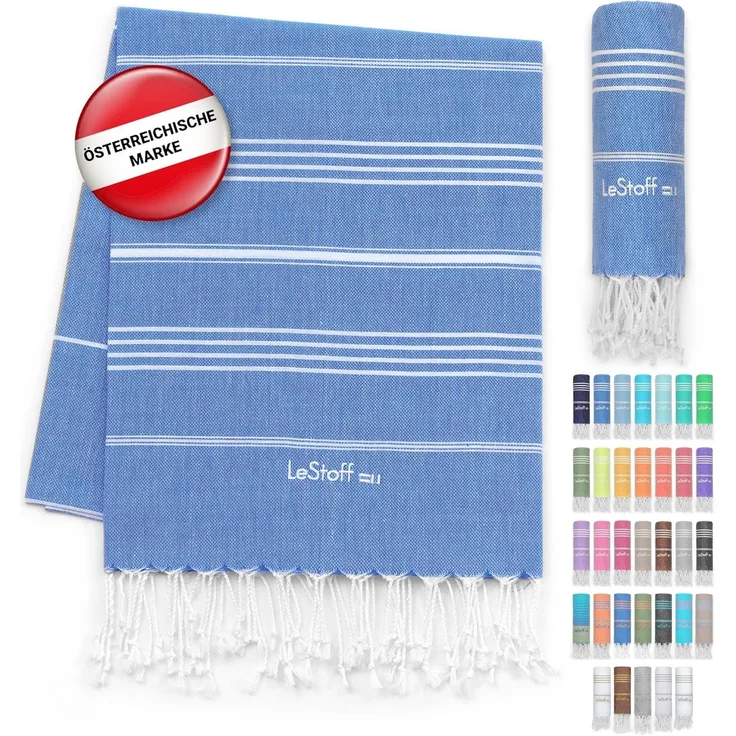 LeStoff Premium Hamamtuch - Vielseitig, Nachhaltig, Saugstark & Schnelltrocknend - 100% Bio-Baumwolle - Strand, Bade, Dusch, Yoga, Spa & Reise-Tuch (95x180 cm, Sky Blue)