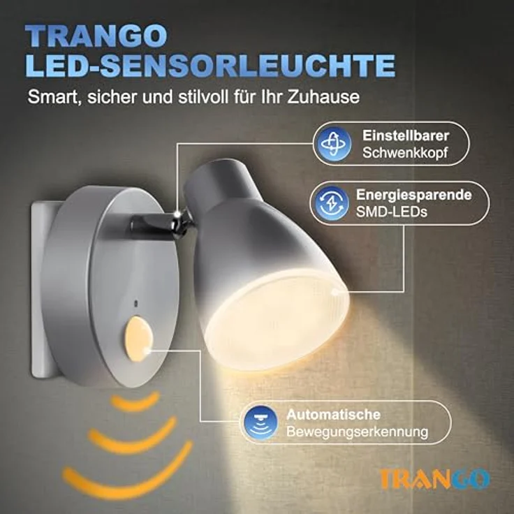 TRANGO LED Nachtlicht, Bewegungsmelder, 2635-014 LED Sensor Steckdosenlampe *MILO* mit Automatikfunktion in Silber Sicherheitslicht 230V, Wandlampe, Orientierungslicht, Nachtlampe, Steckdosenlicht – Bild 3