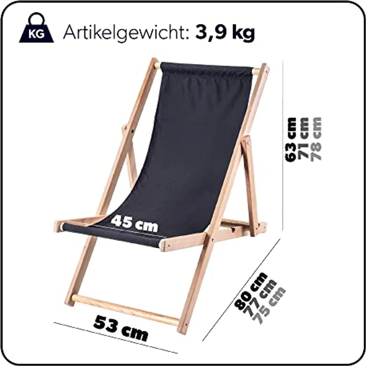 Kadax Holzliegestuhl, Schwarz, klappbare Gartenliege aus Buchenholz, 53x78 cm, bis 120 kg tragbar – Bild 2