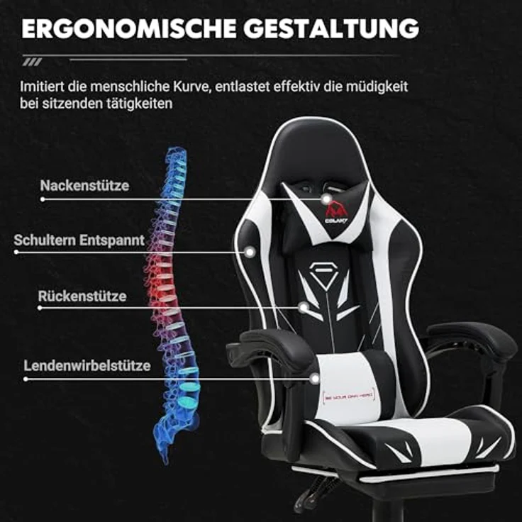 COLAMY Gaming Stuhl, Computer Stuhl mit Fußstütze und Lendenwirbelstütze, höhenverstellbarer Gaming Chair mit 360°-Drehsitz und Kopfstütze, Video Gamer PC Stuhl, Ergonomische hohe Rückenlehne, Weiß – Bild 9