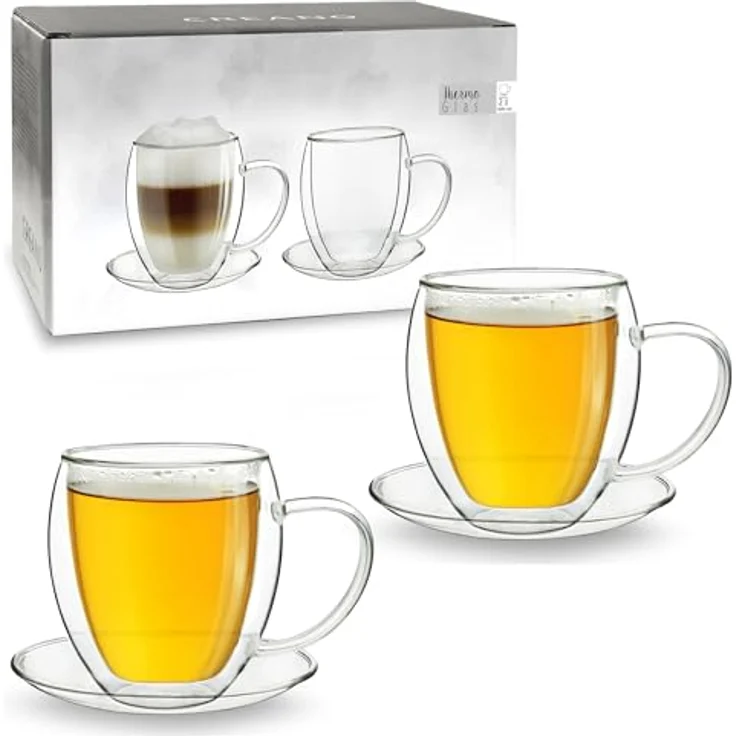 Creano Teeglas Creano 2er-Set Thermotasse, Extra Große doppelwandige Gläser mit Unter, Borosilikatglas, 2 Tassen mit Untertassen – Bild 2