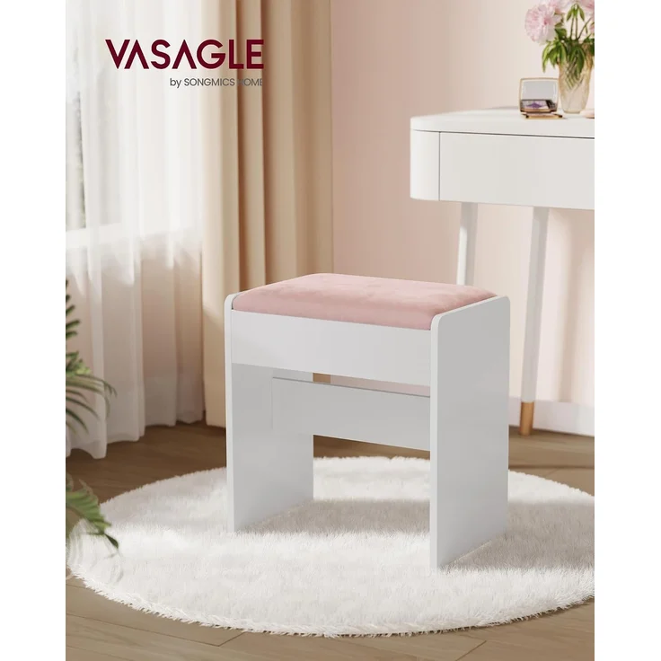 VASAGLE Hocker Schminktisch, Sitzhocker gepolstert, Makeup-Hocker aus Samt, mit rutschfesten Fußpads, für Ankleidezimmer, Schlafzimmer, Eingangsbereich, mattweiß-pastellrosa RDS001W01 – Bild 2