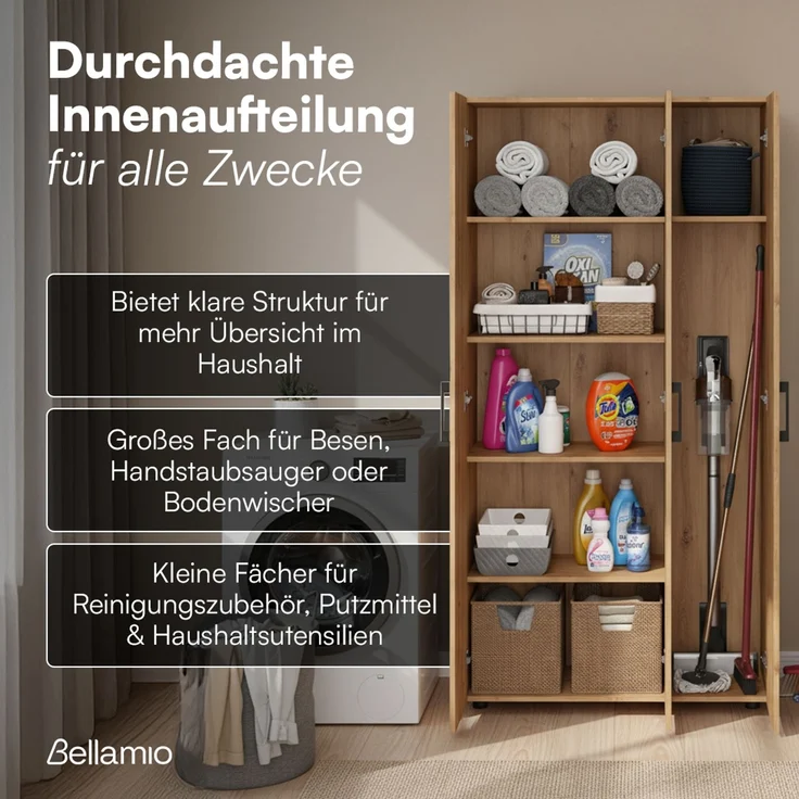 Bellamio 'Apol' Mehrzweckschrank, Eichenoptik, 176x33x90 cm, Putzschrank mit 3 Türen und 5 Regalen, Besenschrank mit Staubsaugerfach – Bild 3