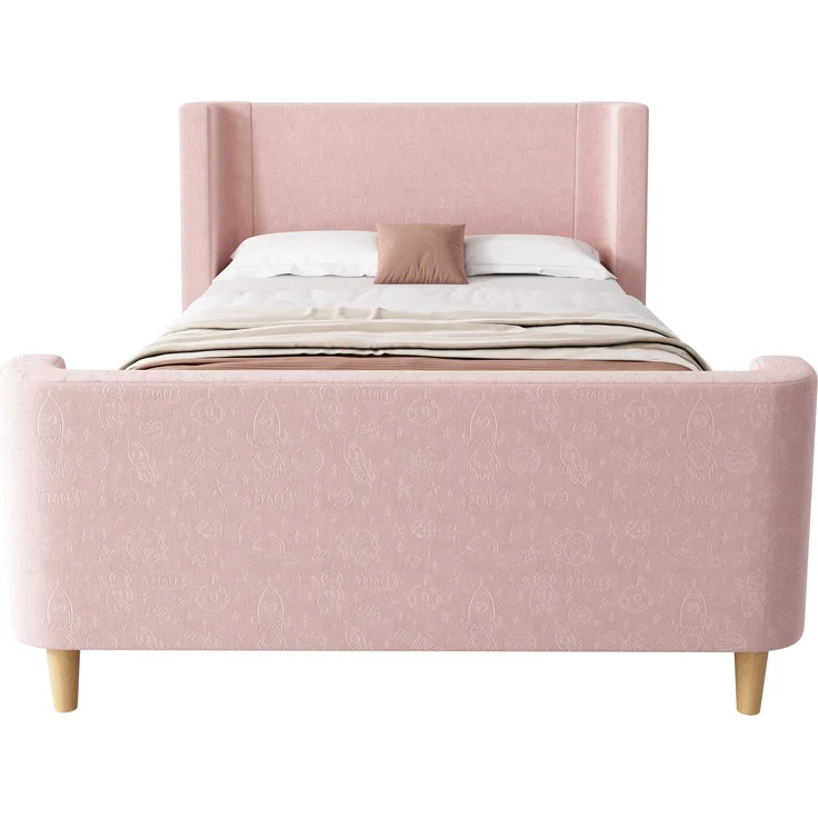 Merax Kinderbett Polsterbett,Einzelbett Schlittenbett mit kosmischem Muster, 90 x 200 cm, Für Jungen & Mädchen, Rosa, Samt (Ohne Matratze) – Bild 9