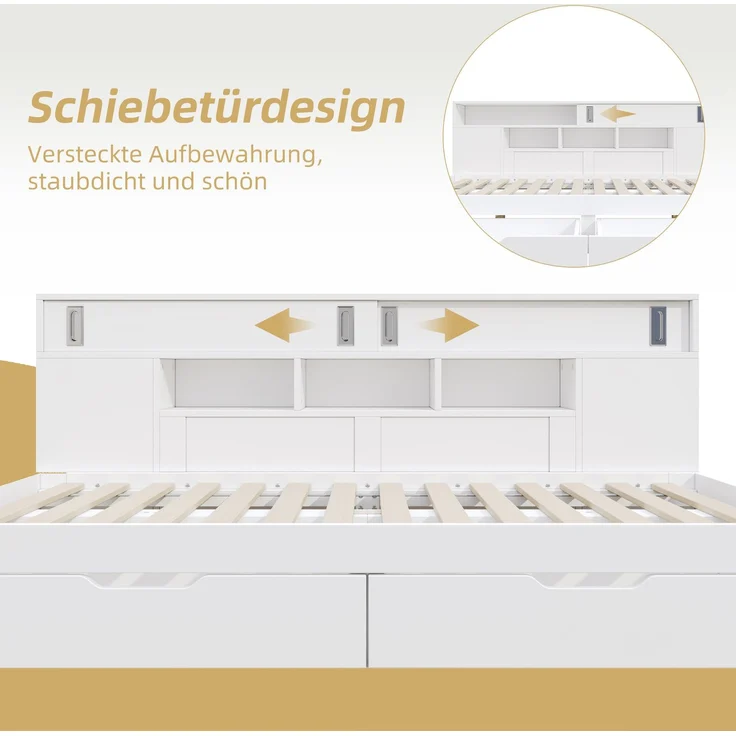 CHICFURN Bett aus MDF Weiß 140x200 cm mit Schubladen und Stauraum – Bild 4