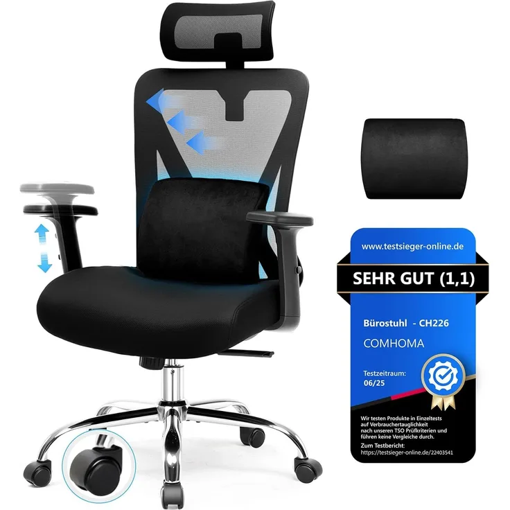 COMHOMA Bürostuhl Ergonomisch [TESTSIEGER], Schreibtischstuhl mit 3D-Kopfstütze & 3D-Lendenwirbelstütze, verstellbare Armlehnen, Office Chair mit Wipp- und Kippfunktion,Belastung bis 150KG, Schwarz