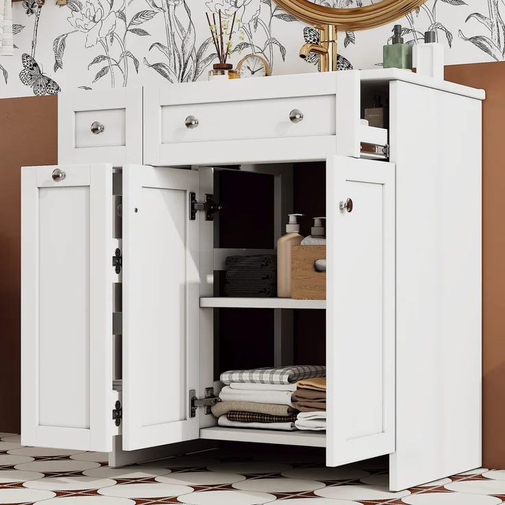 76*47*86cm, freistehender Badezimmerwaschtisch, lackierte Oberfläche, auslaufsicheres Keramikbecken, 3 Schubladen und 1 Schrank, geräuscharme Auszugsschienen, silberne Griffe, weiß. – Bild 2