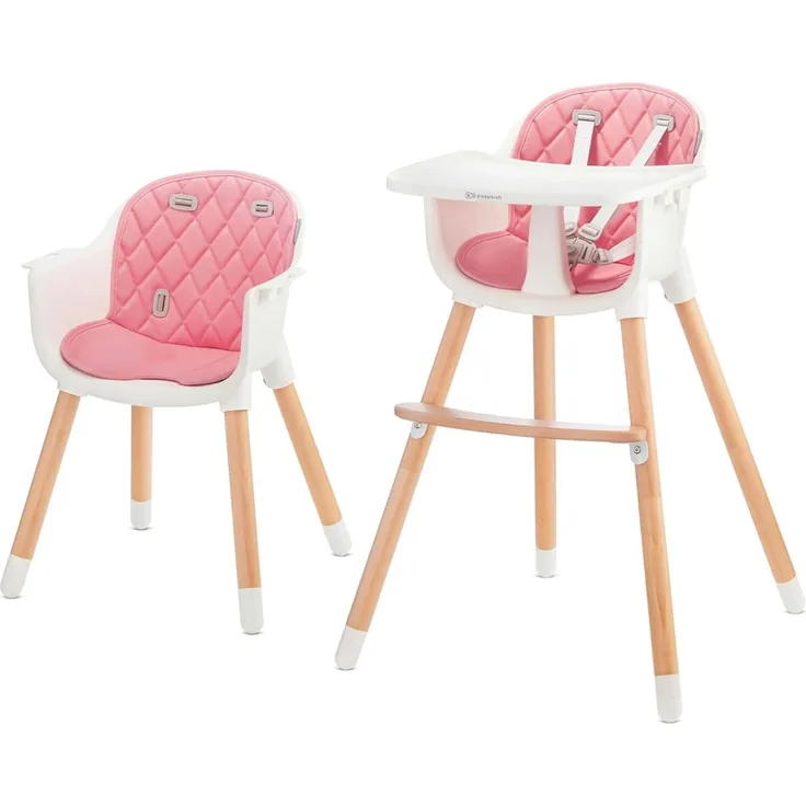 Kinderkraft 'Sienna' Kinderhochstuhl 2 in 1 Pink, Beine aus Holz, 5-Punkt-Gurt, Fußstütze, rutschfeste Stuhlbeinkappen inkl. abnehmbares Essbrett