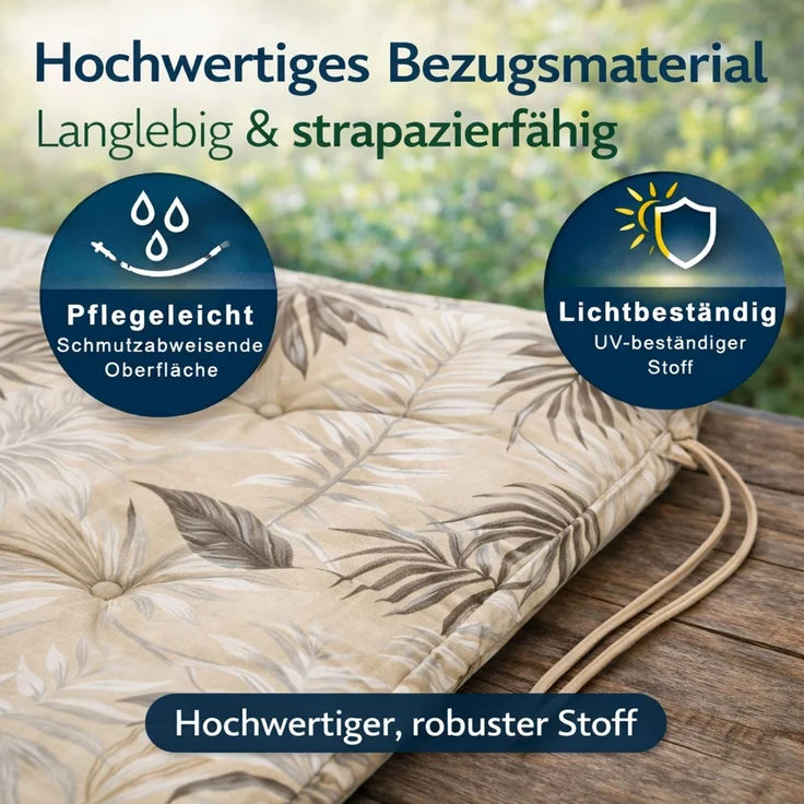 BURI 4x Hochlehner Auflage 117x49x6 cm - wetterfeste Gartenstuhlauflage mit Schaumkern & Vollvlies, Halteband & Bindebänder, bequemes Stuhlpolster für Balkon, Terrasse & Garten (Beige-Blätter) – Bild 7