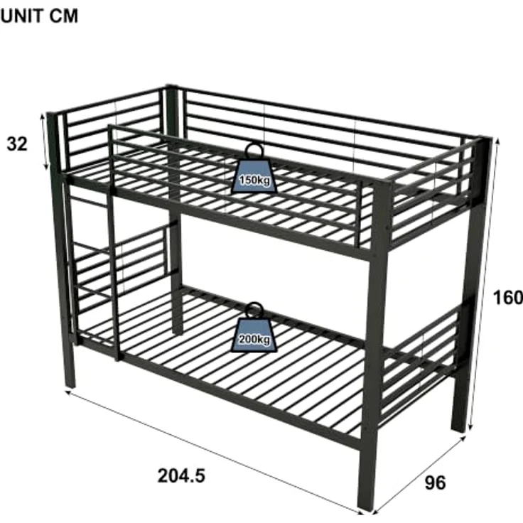 FAVSH Etagenbett 90x200 cm aus Metall, Hochbett mit Rausfallschutz und Leiter, Geräuscharmes Doppelbett, rutschfest, für Jugendliche und Erwachsene, WG & Ferienwohnung, Schwarz C – Bild 2