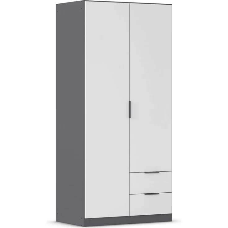Rauch Möbel Lagoa, Kleiderschrank, Garderobe für Schlafzimmer, Kinderzimmer, Jugendzimmer 2-türig, 2 Schubladen, mit Zubehör Classic, Farbe Weiß/Grau metallic, Schwarz, Breite 91 – Bild 1