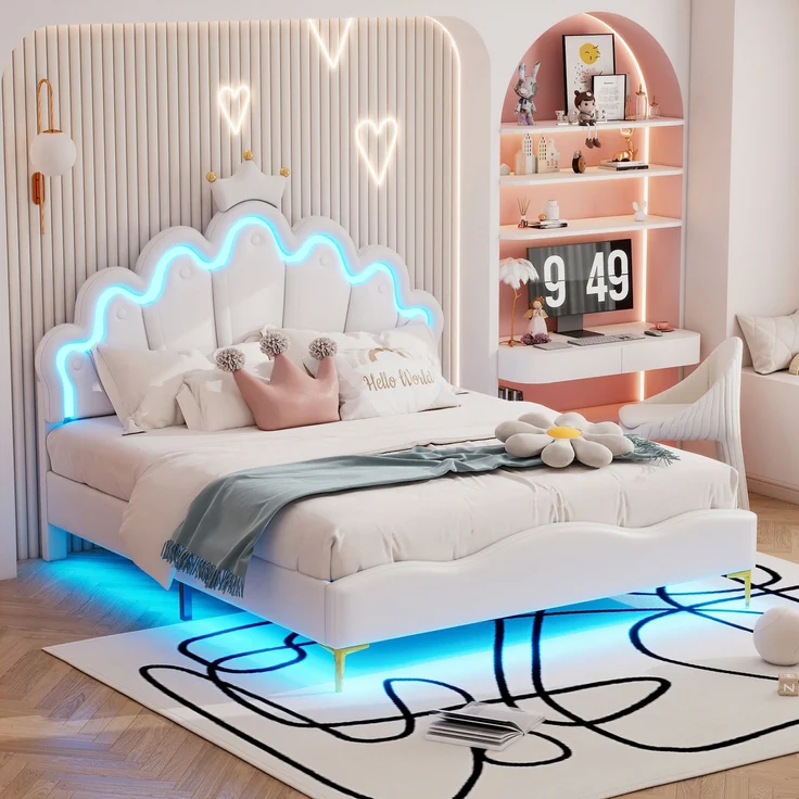 140*200cm Flaches Doppelbett, kronenförmiges Prinzessinnenbett, weiche Polsterung aus PU-Leder, verstellbarer LED-Umgebungslichtstreifen, weiß – Bild 3