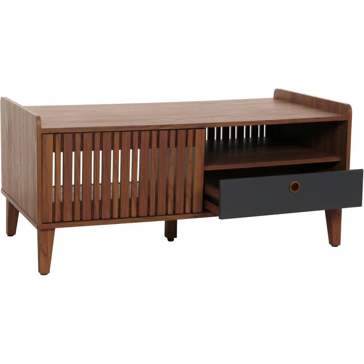 MCW Couchtisch M48, Walnuss, mit Schiebetüren und Stauraum, 114x52x59 cm