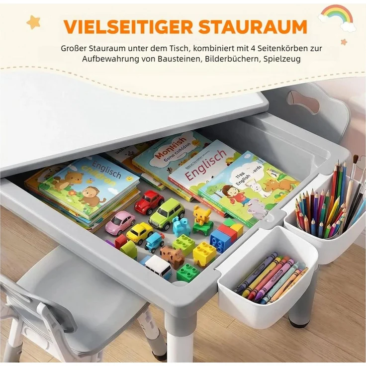 TLGREEN Kindertisch 3-teiliges Kindertisch Set mit 2 Stühlen (höhenverstellbarer Aktivitätstisch mit wendbarer Tischplatte, Bausteintisch kompatibel mit Klemmbausteinen & Whiteboard), viel Stauraum, Kindersitzgruppe Spieltisch für Kinderzimmer Kita – Bild 3