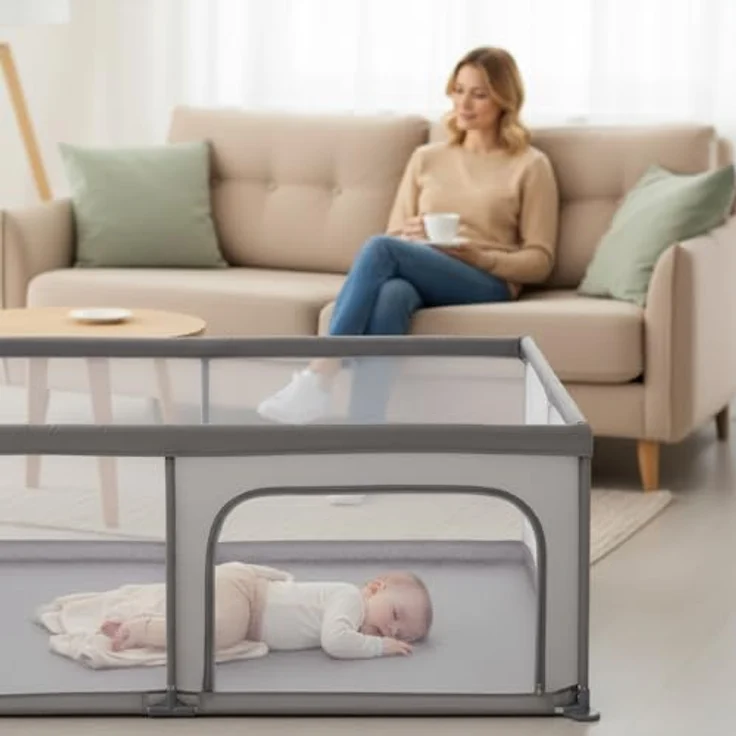 sun baby Laufstall 150x200 cm 0-2 Jahre Grau, Polyester, Netzwände, Eingang mit Reißverschluss, rutschfeste Füße, Tragetasche im Set, Metallrahmen – Bild 6
