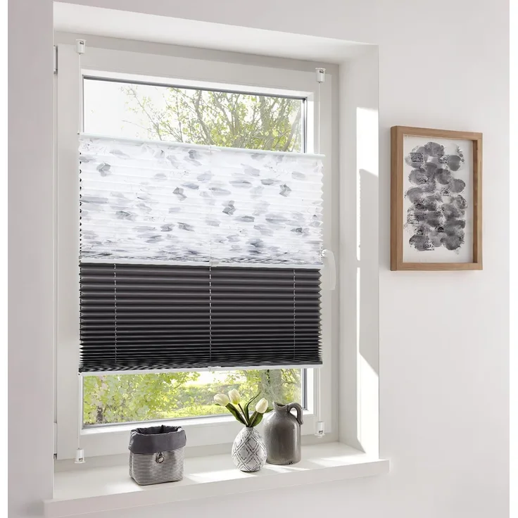 Sekey Plissee Day+Night Doppelplissee Verdunkelung ohne Bohren verspannt Lichtschutz 50x130 cm Druck+Dunkelgrau