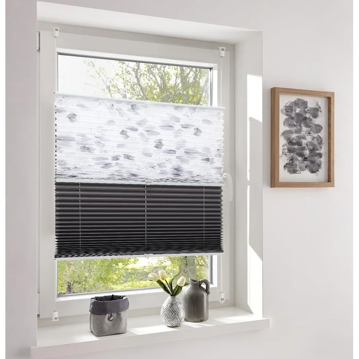 Sekey Plissee Day+Night Doppelplissee Verdunkelung ohne Bohren verspannt Lichtschutz 50x130 cm Druck+Dunkelgrau