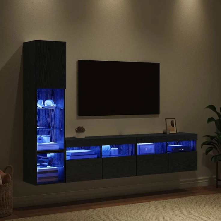 vidaXL TV-Wandmöbel mit LED 4 pcs Schwarz Eichen-Optik Holzwerkstoff 3402967 – Bild 4