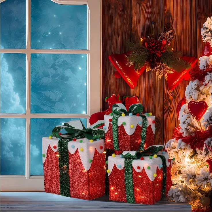 LALAHO LED Dekolicht LED Geschenkbox Weihnachtsdeko 3er Set, mit 60 warmweißen LEDs Weihnachtsdeko beleuchtete 18/13/10 cm – Bild 3