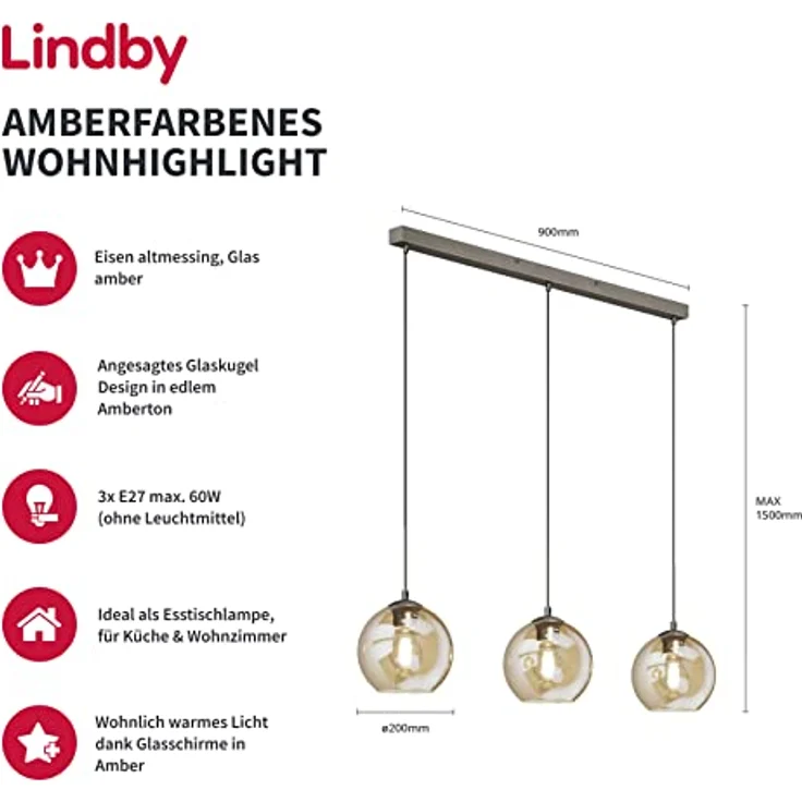 Lindby Hängeleuchte Sofian, 3-flg. Pendelleuchte mit amberfarbenen Glas-Schirm, 100 cm – Bild 2