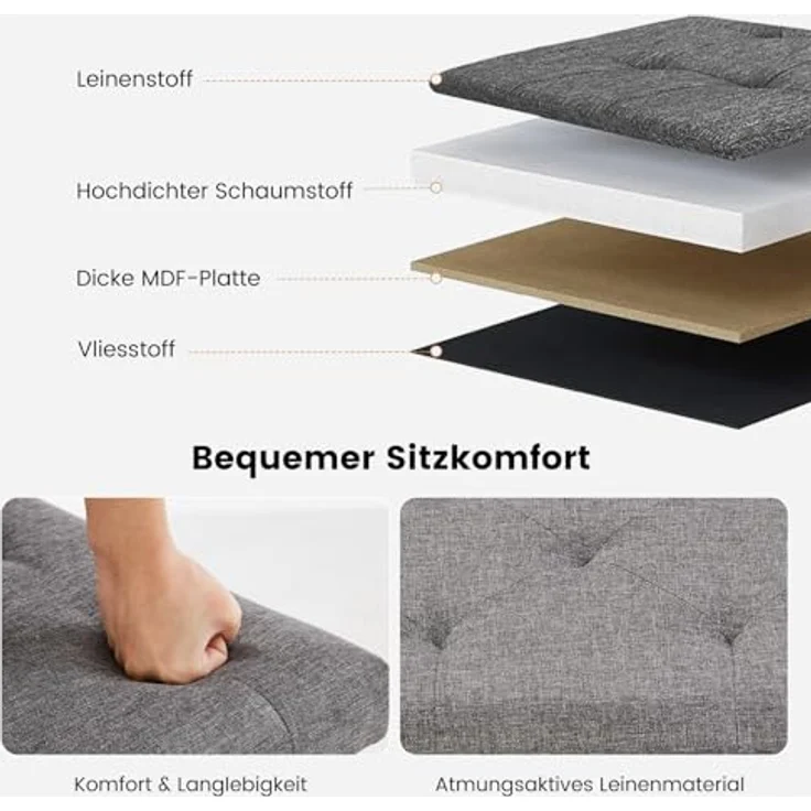 Sweetcrispy Sitzhocker mit Stauraum, 38 x 38 x 38 cm, Kleine Klappbare Sitzbank, Aufbewahrungsbox mit Deckel als Hocker & Fußbank, bis 300 kg belastbar, für Flur Wohnzimmer Schlafzimmer, Dunkelgrau – Bild 6