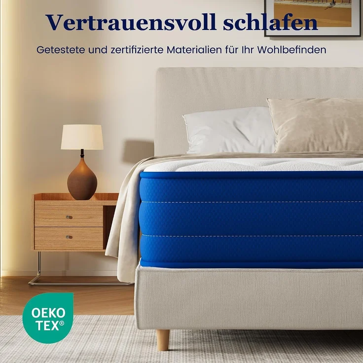 HOMAVO Taschenfederkernmatratze 140 x 200 x 22 cm, 7 Zonen federkern und Schaum, blau/weiß, Härtegrad H3 – Bild 8