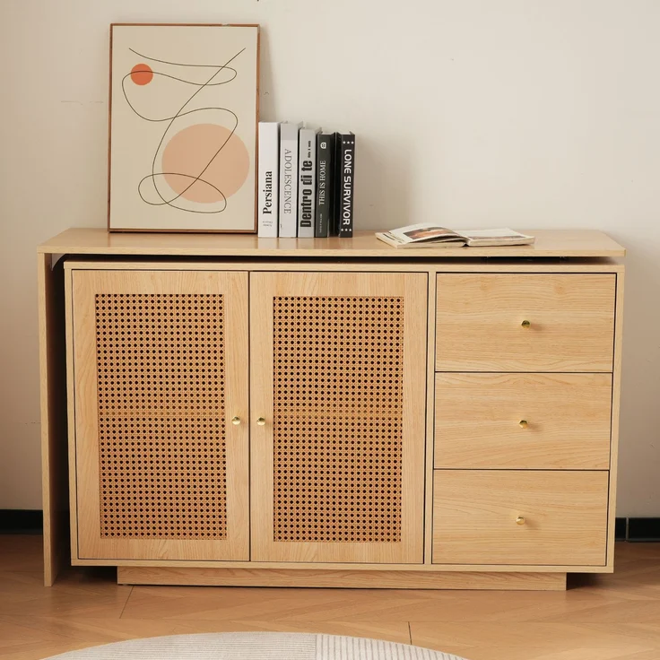 Schreibtisch mit 360°-Schwenkfunktion, MDF in Naturholzfarbe mit Rattan-Optik und Stauraum,75x126x40 cm – Bild 1
