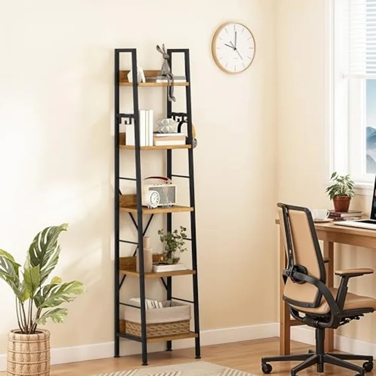 DWVO Schmales hohes Bücherregal 5 Etagen, Industrielles Leiterregal, Bücherregal, Holzregale und Metall, schmal, dünn, Bücherregal, modernes Regal für Wohnzimmer, Flur, Büro, Rustikales Braun
