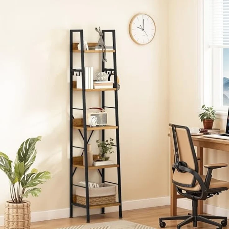DWVO Schmales hohes Bücherregal 5 Etagen, Industrielles Leiterregal, Bücherregal, Holzregale und Metall, schmal, dünn, Bücherregal, modernes Regal für Wohnzimmer, Flur, Büro, Rustikales Braun – Bild 1