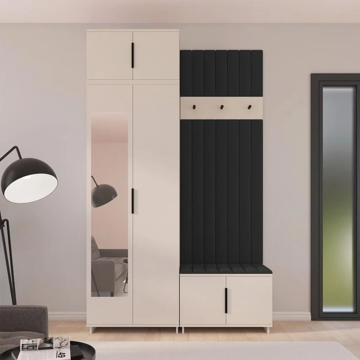 Garderoben-Set Napoli Version 14: Kleiderschrank mit Polsterpaneelen, Schuhschrank Flur und Eingangsbereich (Cashmere/Trinity 16), 229 x 40 x 140 cm – Bild 8