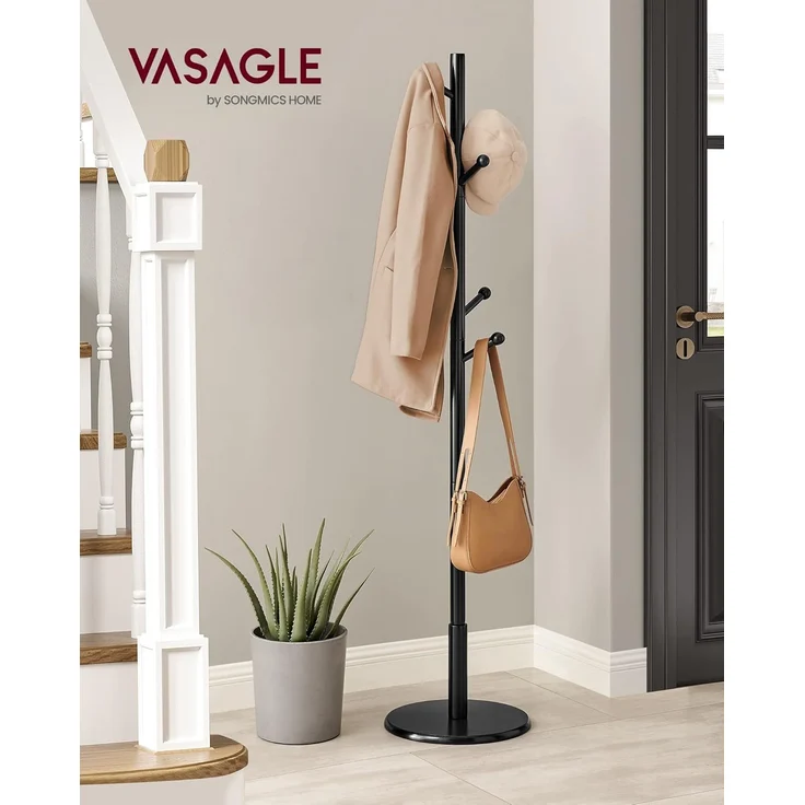 VASAGLE Garderobenständer, Kleiderständer Massivholz, Jackenständer Baumform, 7 Haken für Jacken, Hüte, für Flur, Haken und Haltestange aus Kautschukholz, tintenschwarz RCR007P33 – Bild 2