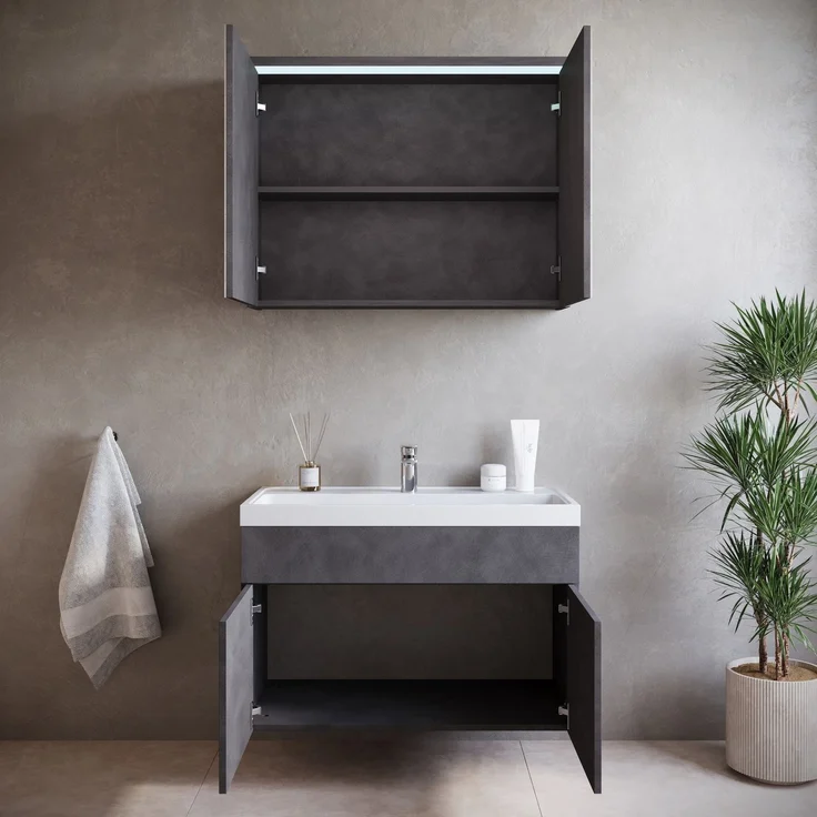 Badplaats Badezimmermöbel Set Paso 02 80 x 40 cm – Dunkelgrau – Waschtischunterschrank mit Waschbecken und Spiegelschrank – Bild 4