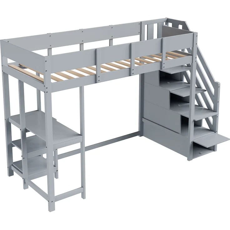 Hochbett 90x200 cm Kinderbett aus massivem Kiefernholz mit Stauraum,Treppe & Ablageregal,platzsparend,sicher,Grau – Bild 10