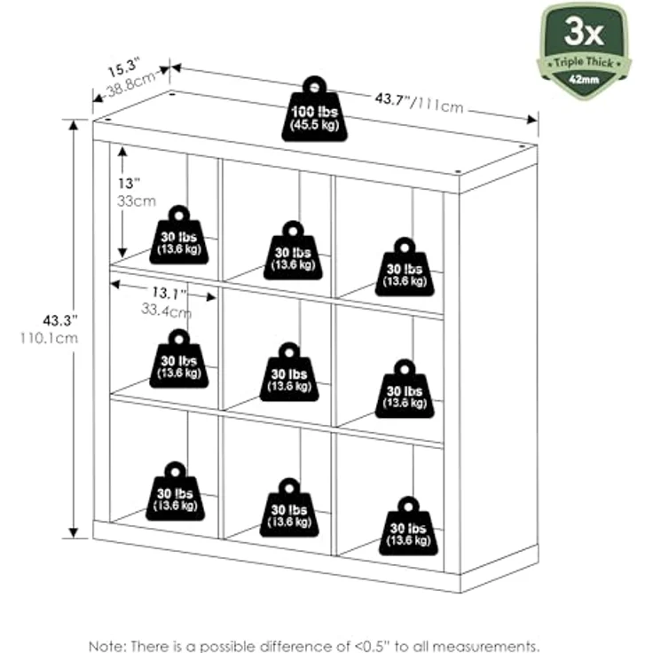 Furinno Cubicle Bücherregal, 9-Fächer Würfelregal, dreifach verstärkter Rahmen, 38,8 x 111 x 110,1 cm, für Wohnzimmer, Schlafzimmer, Heimbüro, Schwarzes Dunkles Eichen – Bild 3