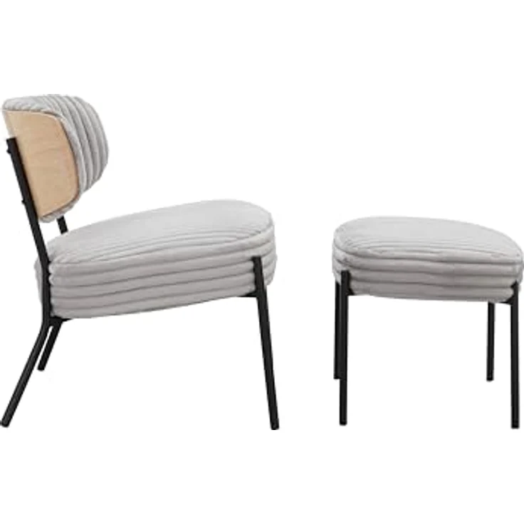 Jerry Lounge Sessel mit Hocker, Cord Stoff Hellgrau, Relaxsessel mit schwarzem Metallgestell und Bugholz-Details, moderner Loungesessel für Wohnzimmer und Büro, 65 x 65 x 76 cm – Bild 4