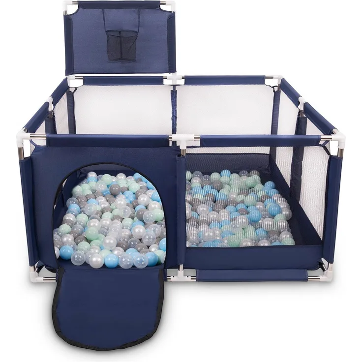 Selonis Laufstall Mit Korb Und 200 Bälle Laufgitter Für Kinder, Blau:Perle/Grau/Transparent/Babyblau/Minze