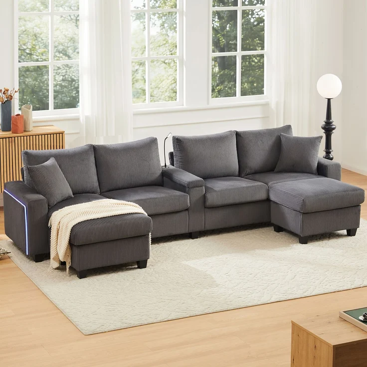 U-förmiges Sofa 334x128,5x81 cm in Grau, Cord, mit USB/Type-C, Leselampe, Stauraum und LED-Armlehnen – Bild 1
