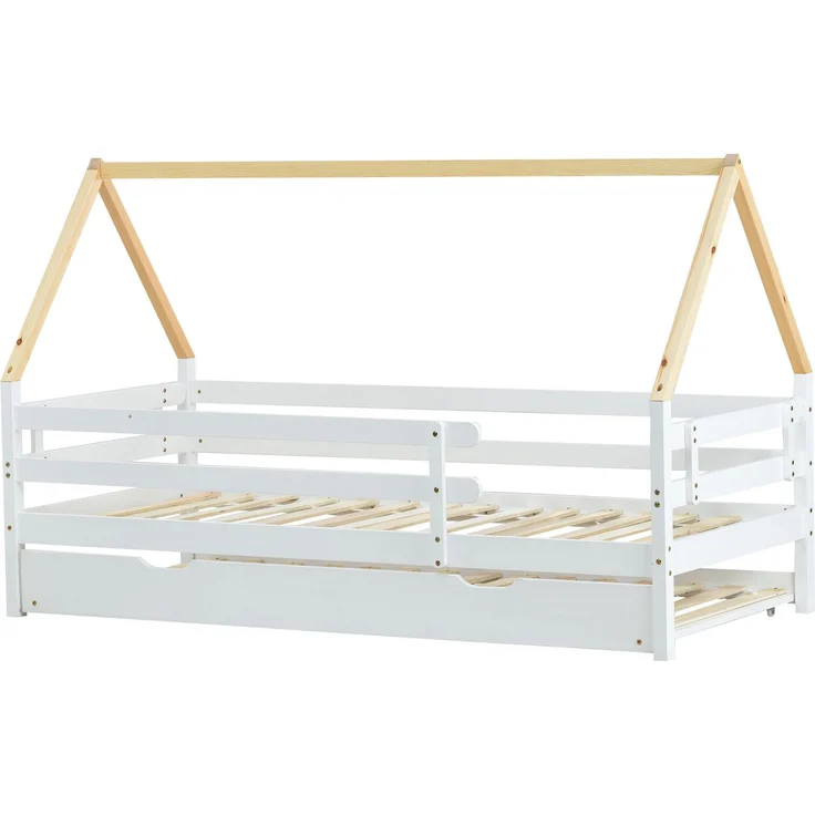 U-life Baumhausbett 90x200 cm, Kinderbett mit Ausziehbett 90x190 cm, Tagesbett und Einzelbett, mit vierseitigem Sicherheitsgeländer, Weiß & Natur – Bild 8