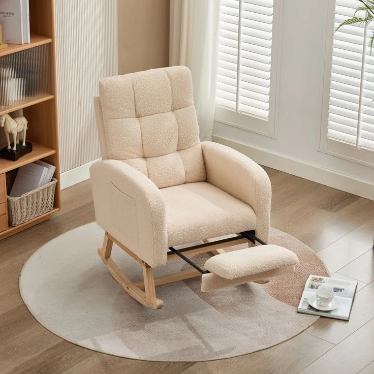 Schaukelstuhl Lammfell-Optik Beige mit hoher Rückenlehne und Armlehnen, ergonomischer Relaxsessel mit Massivholzgestell – Bild 5