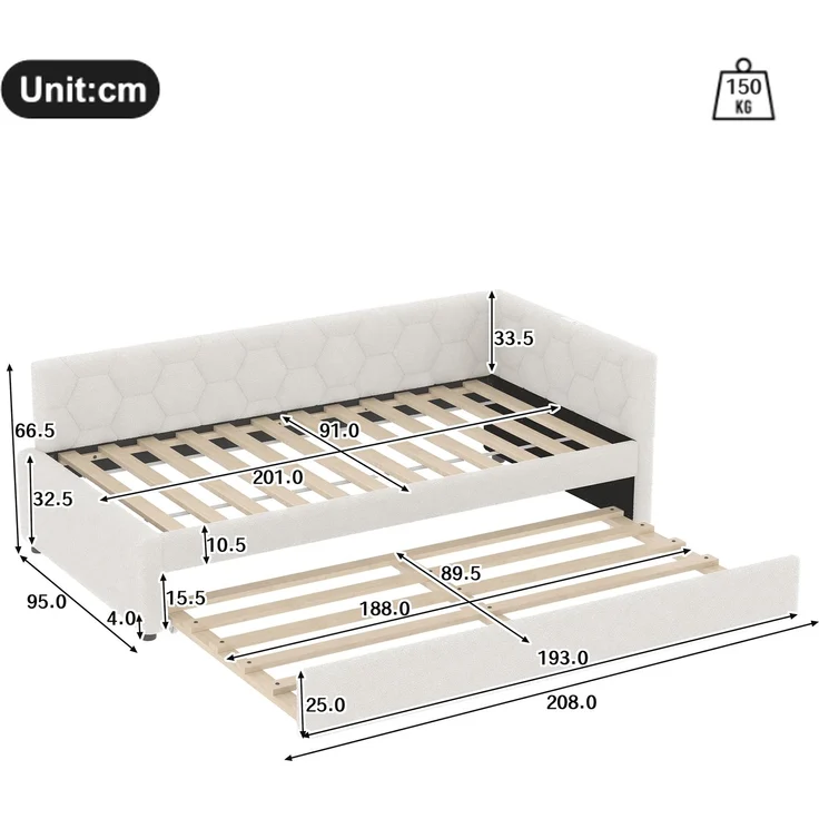 Daybett, 90*200cm Tagesbett, Schlafsofa, Bett mit Lattenrost (ohne Matratze), mit Nachttischlampe, mit multifunktionalem Ausziehbett, USB-Anschluss, Typ-C, Komfortmaterial, Boucle, Weiß – Bild 9