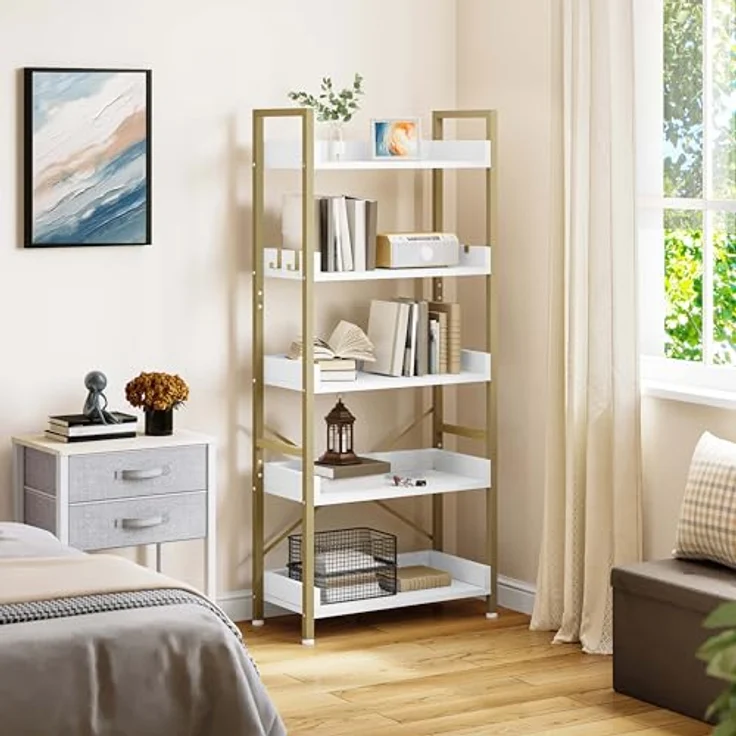 YITAHOME Bücherregal 5 Etagen, Stehend Offen Bücherregal, Metal Schmal Hoch mit 4 Haken Industrielles Lagerregal für Wohnzimmer, Heimbüro, Golden – Bild 7