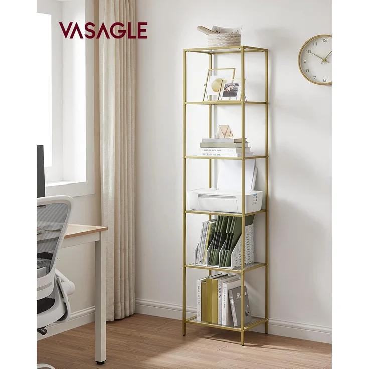 Vasagle Standregal mit 6 Ablagen, Glas, Metall, Gold, 30 x 40 x 177,3 cm – Bild 2