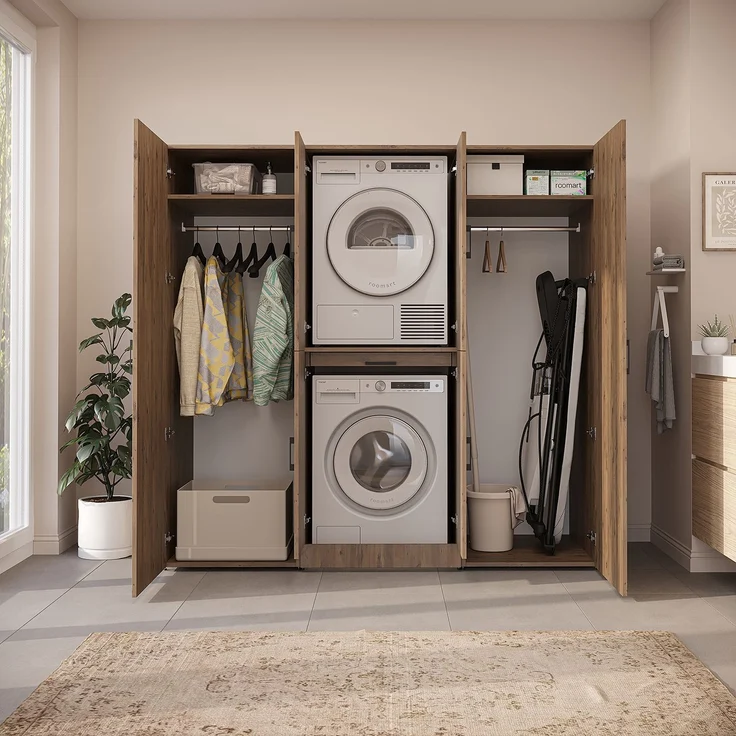 Roomart Waschmaschinenschrank - DORA-I- 190 cm breit - Wasch- & Trocknerschrank mit 2 Hochschränken, Türen & Ausziehbrett, Waschmaschinen-Überbau für Waschküche & Hauswirtschaftsraum • Eiche – Bild 4