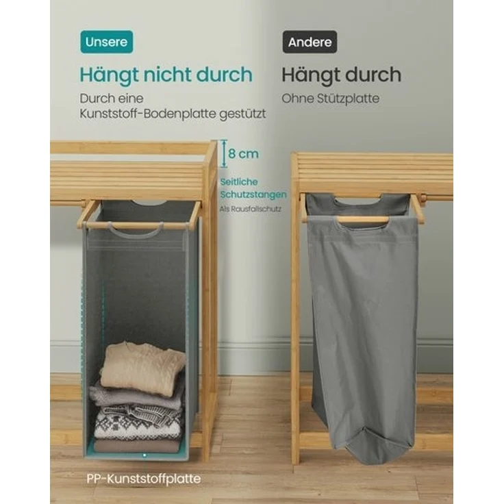 SONGMICS Wäschekorb, 3 Fächer, Bambus, 150 L, mit Ablage, kleine seitliche Taschen, 3 x 50 L, taubengrau, 94 x 33 x 78 cm – Bild 5