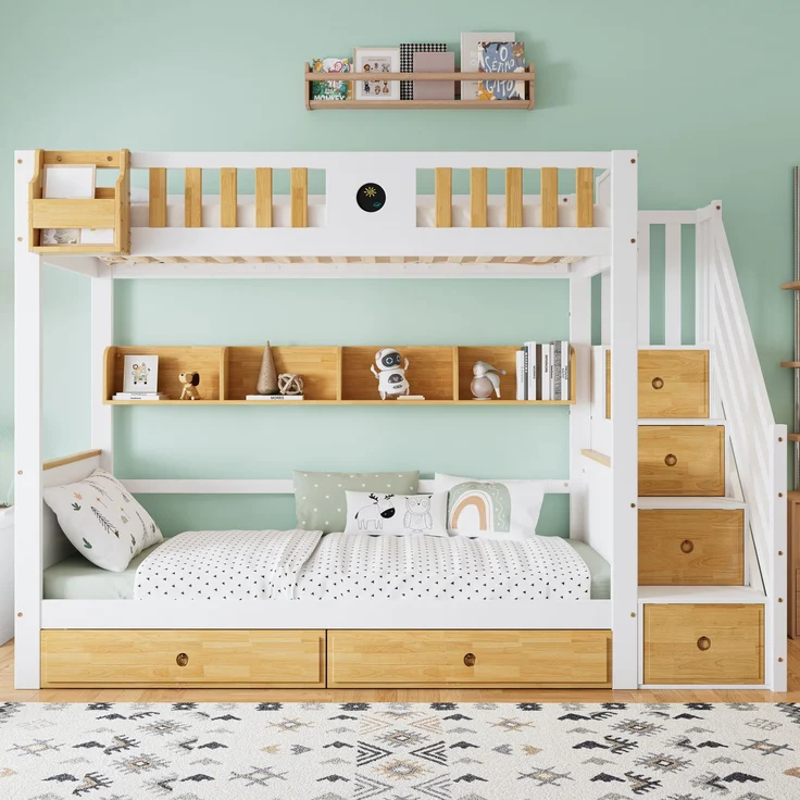 Merax Etagenbett 90x200cm mit Treppe, Reichlich Stauraum, Kinderbett mit 4 Schließfächer in der Treppe, mit Fallschutzgitter und 2 Schubladen, Offenes Regal, Weiß+Natur – Bild 2
