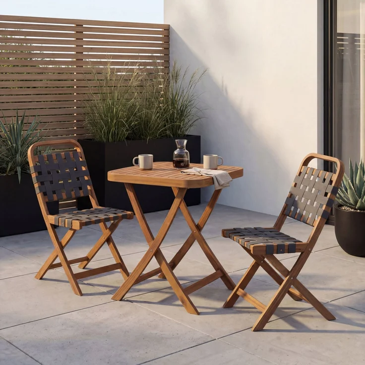Garten-Set HWC-P70, Sitzgruppe Balkon-Set Garnitur 2x Stuhl Tisch, Seilgeflecht Akazie Holz klappbar ~ natur, grau – Bild 1